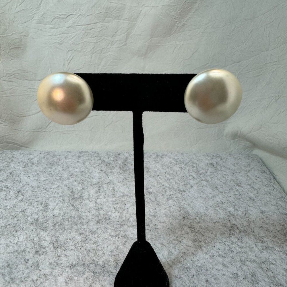 Vintage Sterling Silver & Faux Pearl Clip-On Earrings MCM Button shaped - Picture 1 of 10